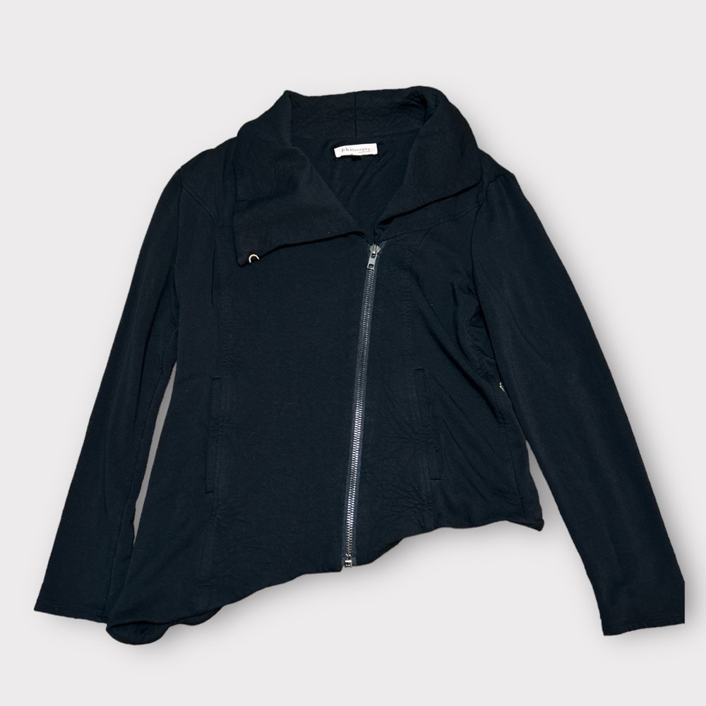 Philosophy Black asymmetrical zip up sweater, size large.
